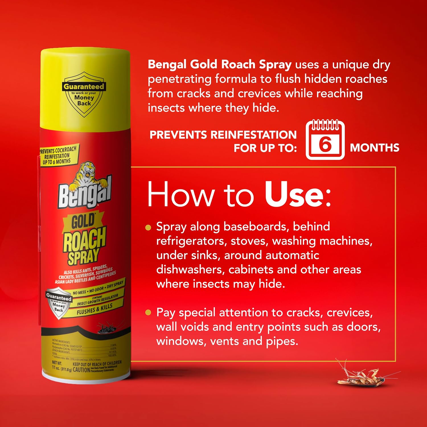Bengal Gold Roach Spray Dry Aerosol Indoor Roach Killer - 11 oz - 3 Pack
