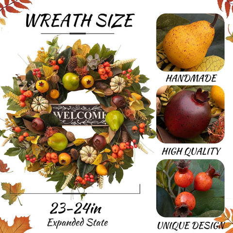 24 Inch Fall Wreaths for Front Door, Autumn Harvest Wreath with Pears