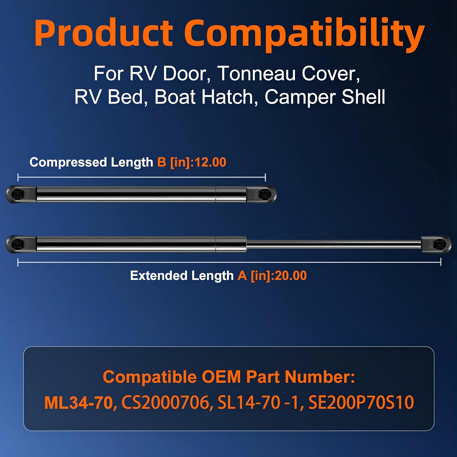 20in 70lb Gas Strut for Boat Hatch Camper Shell RV Bed Door GSNI-2300-70