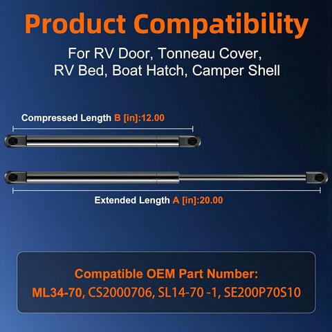 20in 70lb Gas Strut for Boat Hatch Camper Shell RV Bed Door GSNI-2300-70
