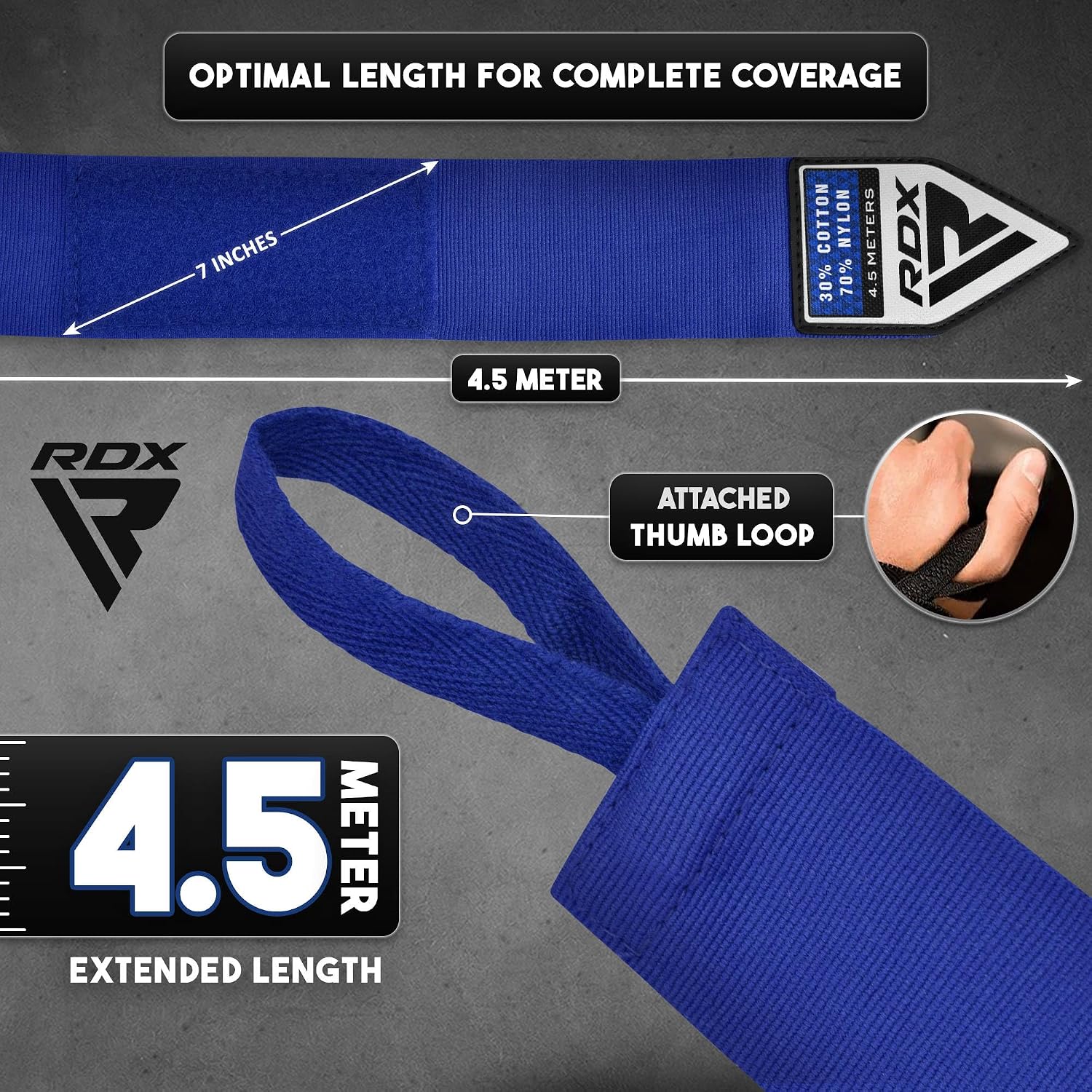 RDX Boxing Hand Wraps 4.5M / 180 Inches – Mexican Style Semi-Elastic MMA Inner Gloves - Wrist Support for Muay Thai, Kickboxing, BJJ, Karate - Thumb Loop & Hook and Loop Closure - Cotton & Nylon Blend