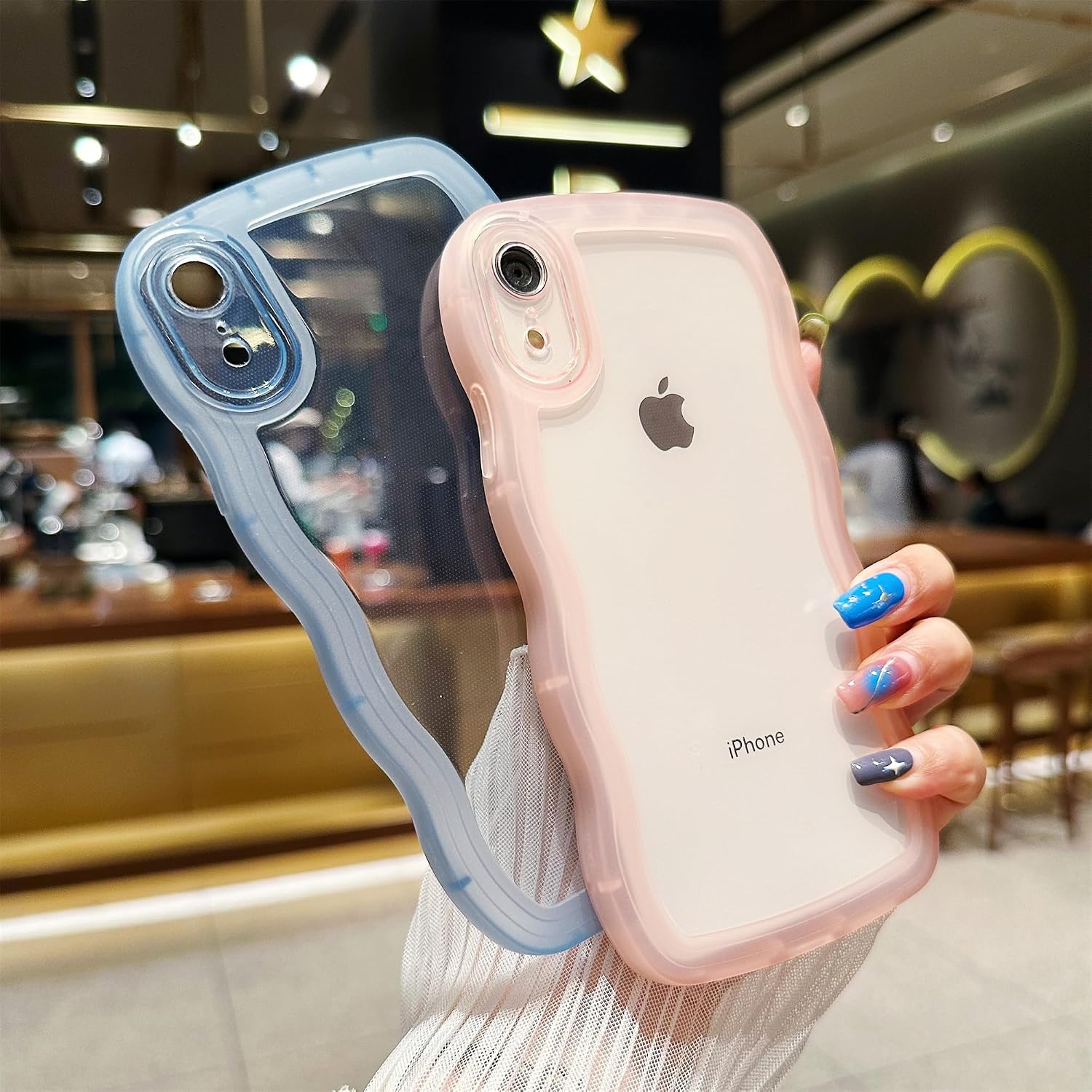 SKYLMW Compatible with iPhone XR Case Wavy Frame Cute,Clear/Pink