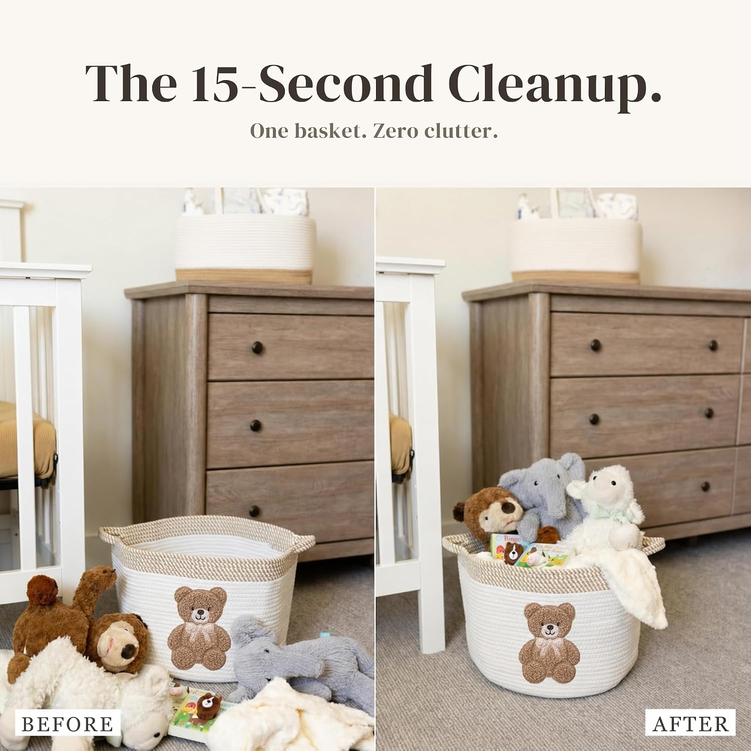 Teddy Bear Baby Storage Basket, Woven Cotton Rope Nursery Bin, 15x11 in