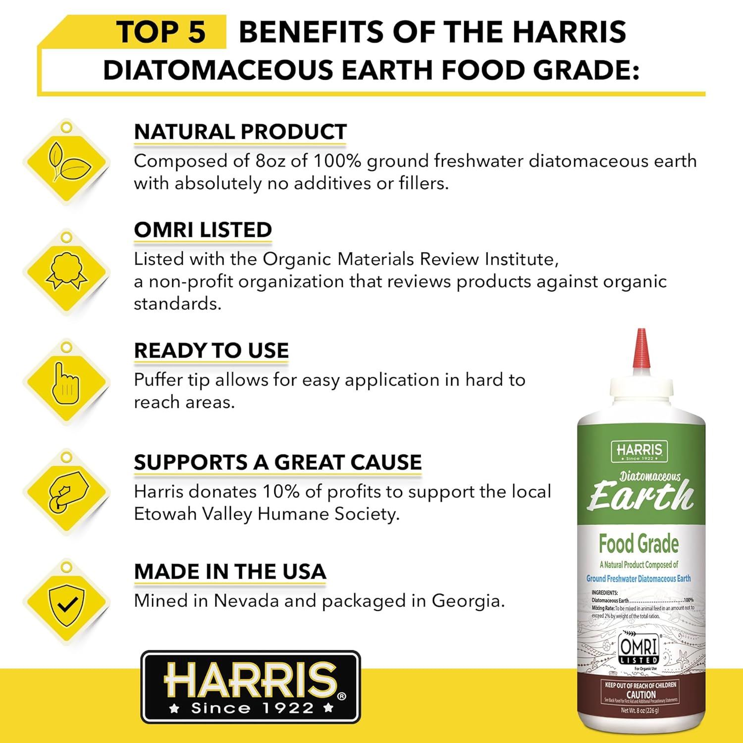 HARRIS Diatomaceous Earth Food Grade, Half Pound with Easy Application Puffer Tip