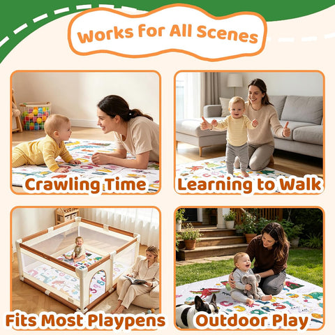 Baby Play Mat - Thicken 71x59 Inch Soft Foam Crawling Mat for Playpen & Floor, Non-Slip Waterproof Playmats for Infants & Toddlers, Portable Foldable & Machine Washable, Dinosaur & Letters
