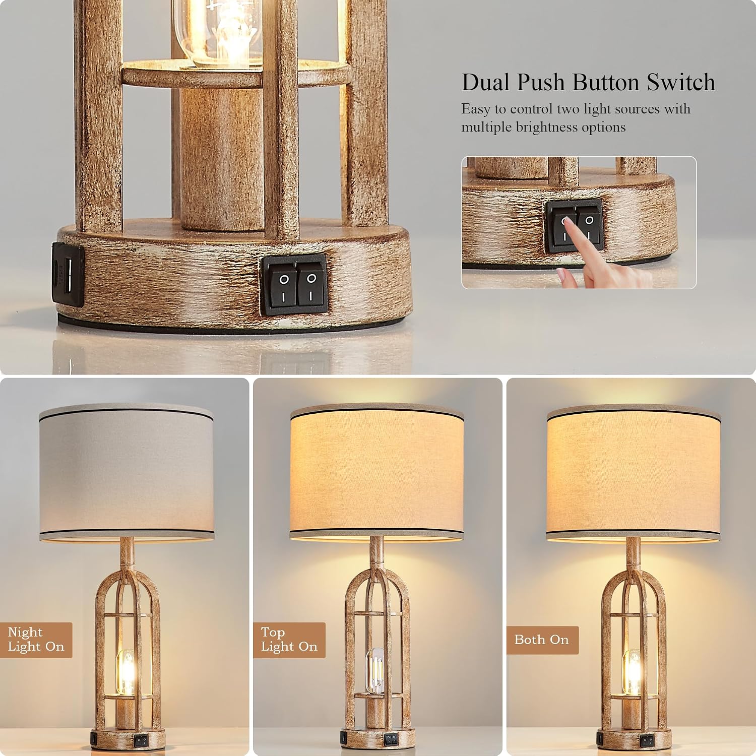 SRJJA 24" Farmhouse Table Lamps for Living Room Bedroom Set of 2, USB A+C