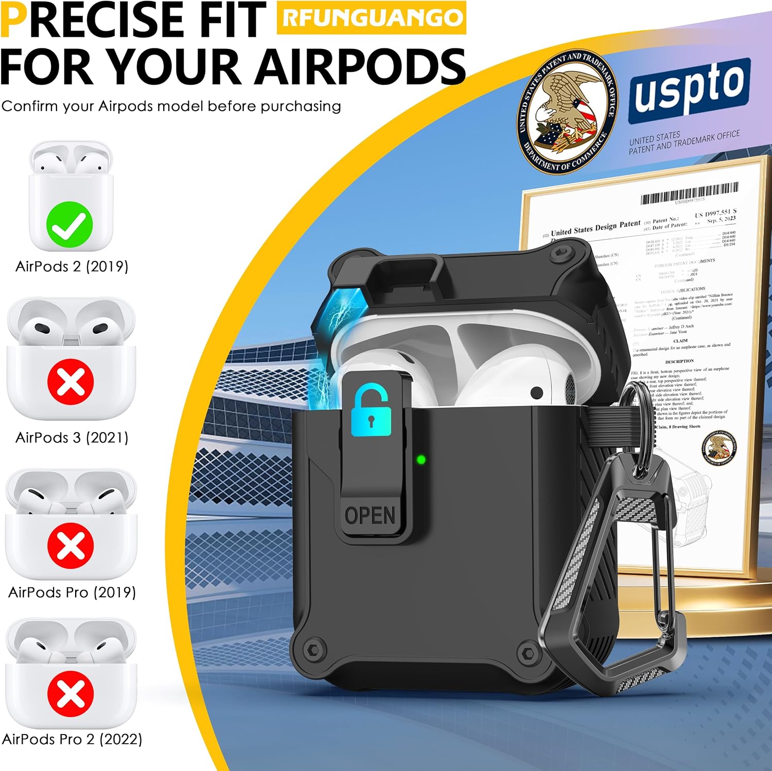 RFUNGUANGO AirPods 2 Case with Lock Magnetic Lid, Black
