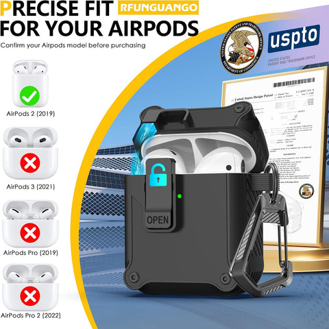 RFUNGUANGO AirPods 2 Case with Lock Magnetic Lid, Black