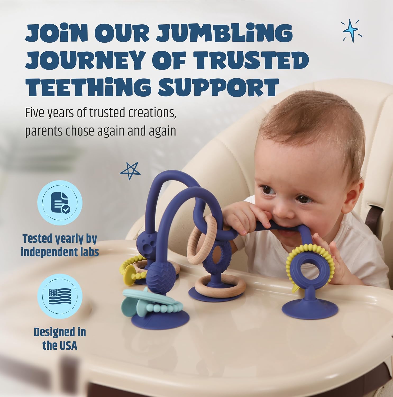 Jumble Jangle Baby Teether – Suction Toy & High Chair Toy, Light Blue