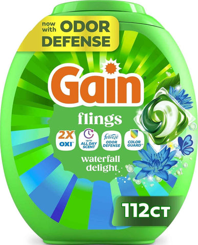 Gain Flings Liquid Washing Detergent Pacs, Now with Odor Defense + Color Guard, Waterfall Delight Scent, 4-In-1 Liquid Laundry Detergent Pods, Clean & Fresh, 112 Count (Packaging May Vary)