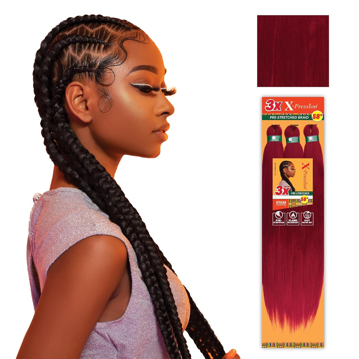 Sensationnel X-Pression Prestretched Braids-3X 58in,4pk BG BURGANDY