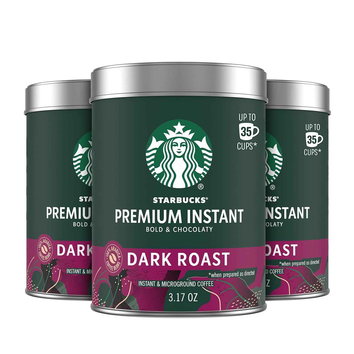 Starbucks Premium Instant Coffee Dark Roast, 3 Tins 3.17 oz | 100% Arabica premium instant and microground coffee; Dark Roast; 3 tins, 3.17 oz each