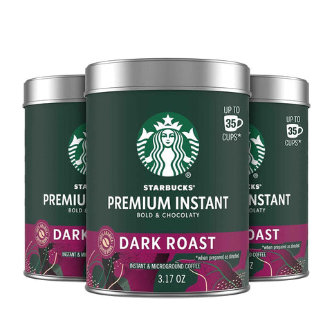 Starbucks Premium Instant Coffee Dark Roast, 3 Tins 3.17 oz | 100% Arabica premium instant and microground coffee; Dark Roast; 3 tins, 3.17 oz each