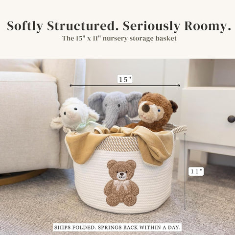 Teddy Bear Baby Storage Basket, Woven Cotton Rope Nursery Bin, 15x11 in
