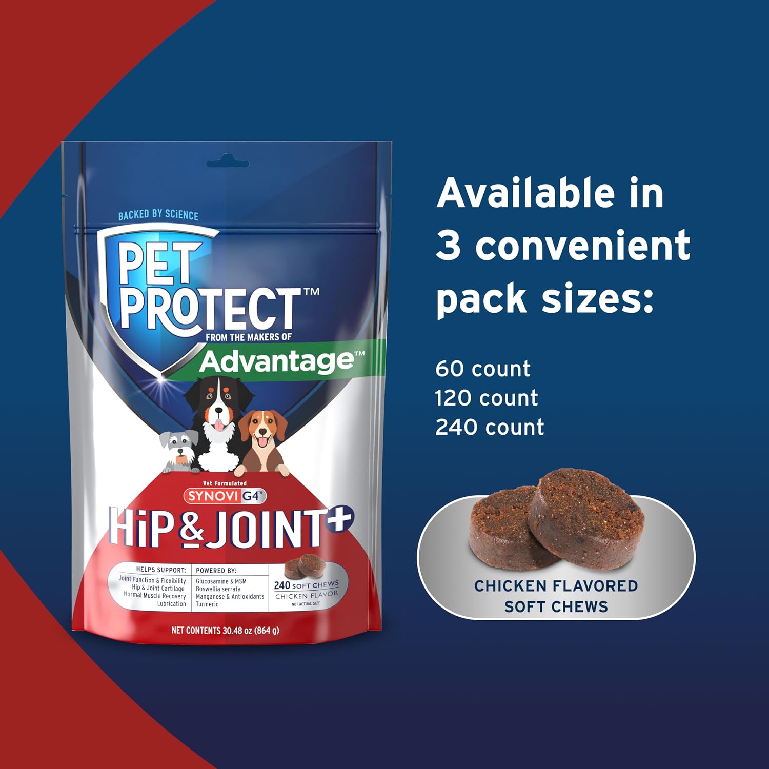 Pet Protect Hip & Joint+ Supplement for Dogs, Chicken Flavor 240ct