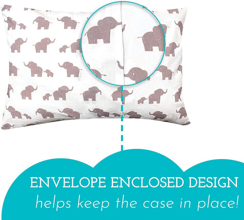 Little Sleepy Head Toddler Pillowcase, 100% Cotton & Hypoallergenic Pillow Case for Toddler Pillow, Snug Fit Envelope Pillowcase, 13x18 Pillowcase, Pilllow Sold Separately (Happy Elephants - White)