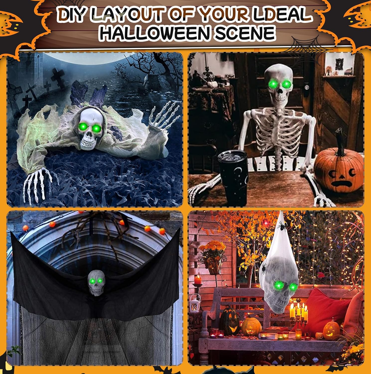 4 Pack Halloween Decoration LED Glowing Light Up Skulls Eyes, Horror DIY Glowing Eyes Lights Battery Operated for Halloween Decoration Masks, Skulls, Pumpkin, Spider, Tombstone Props (Green)