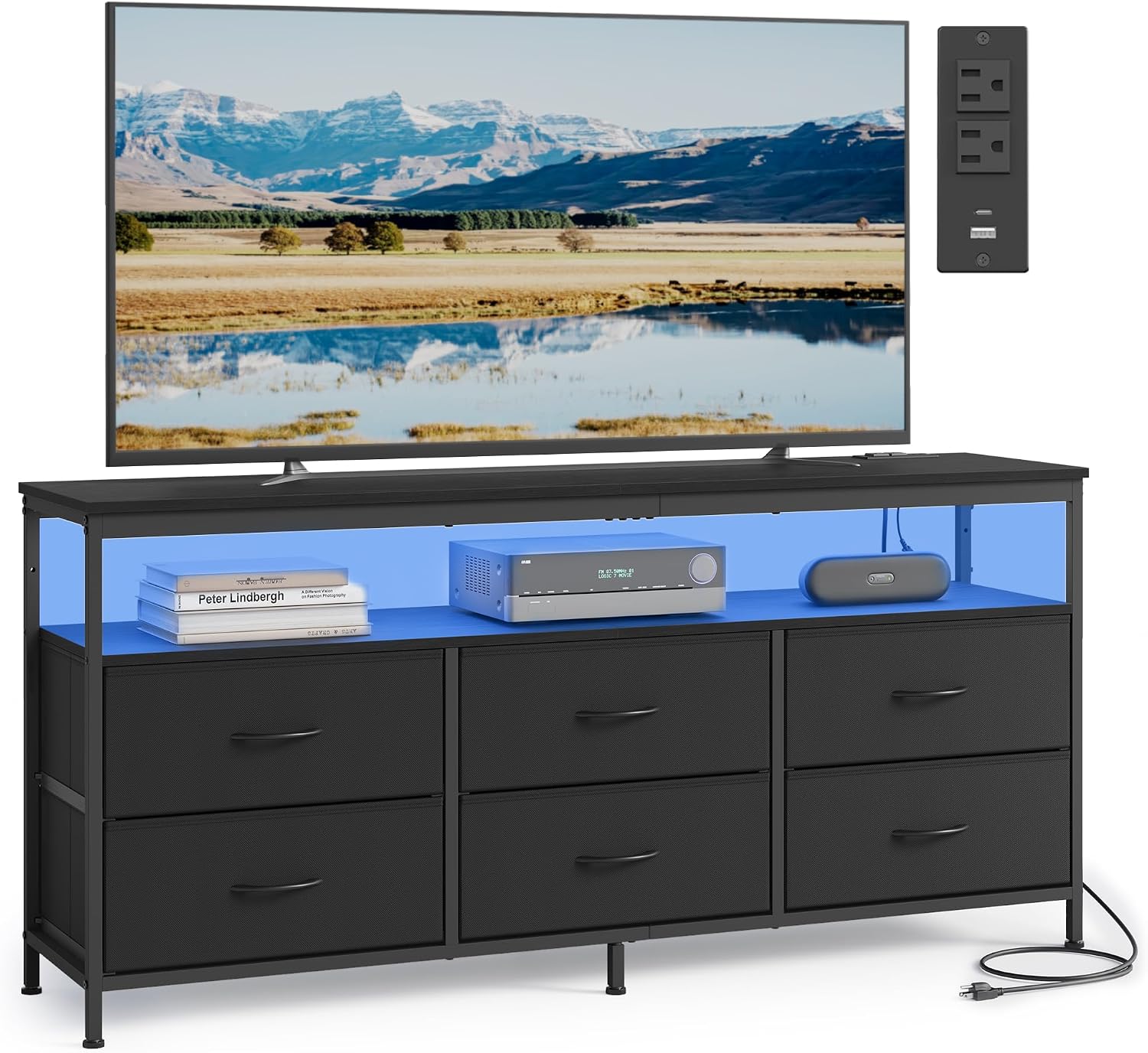 SONGMICS Dresser for Bedroom, Wide Dresser with 6 Drawers & Open Shelf