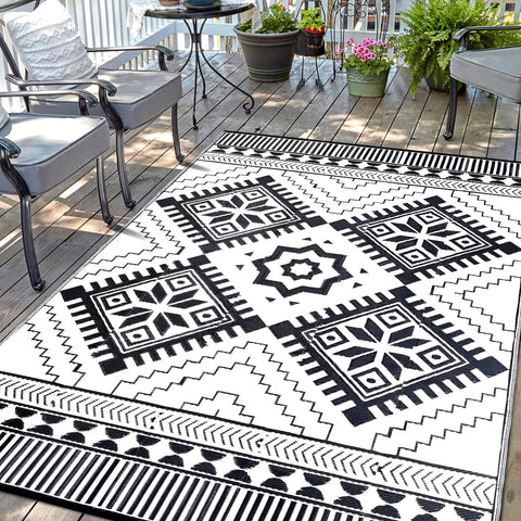 Waterproof Outdoor Rug 9x12ft, Boho Reversible Plastic Straw Mat for Patio RV Deck Porch Backyard Balcony Camping Picnic Beach Indoor Outdoor Carpet, Black&White