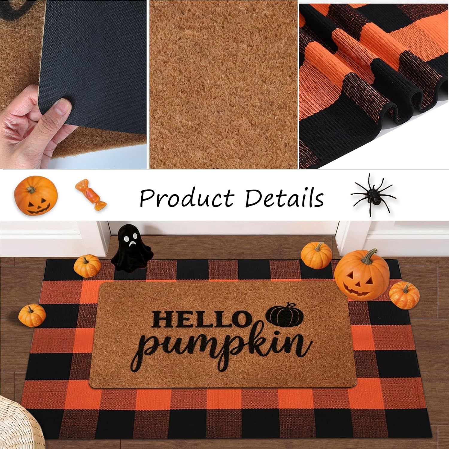 2 Pack Halloween Door Mat Set, Pumpkin Coir Mat & Orange Black Plaid Mat