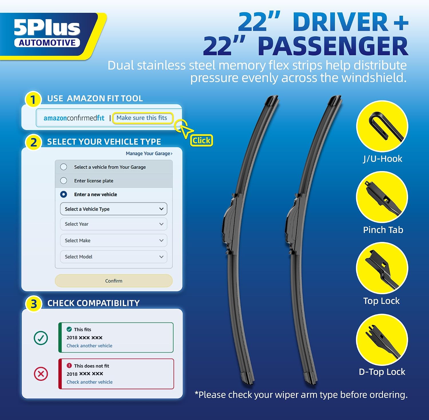 5 PLUS 22" and 22" Windshield Wipers Blades 2 Pack,All-Weather Performance