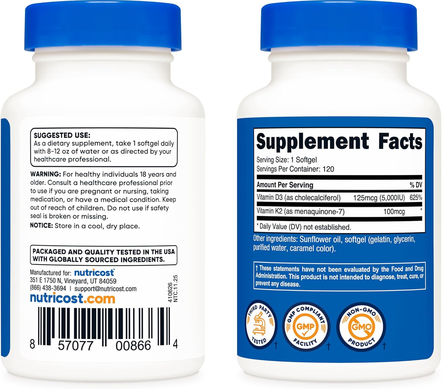 Nutricost Vitamin D3 + K2 (5000 IU D3 / 100mcg MK7) 120 Softgels, GMO-Free