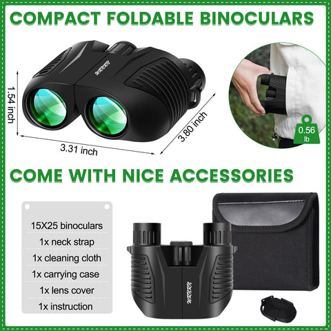 WRNRN 15X25 Compact Binoculars for Adults Kids, Small High Power Binoculars with Clear Large Vision, Waterproof Binoculars for Bird Watching Travel Cruise Wieldlife with Carrying Case and Neck Strap