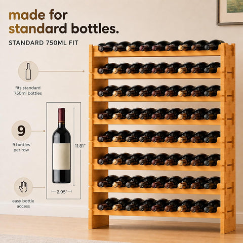 NutriChef 72 Bottle Wine Rack Stackable Bamboo Freestanding, 8-Tier Modular Shelf, Sturdy Wobble Free, Upgraded 2026 Design, Easy No-Tool Assembly for Kitchen, Cellar or Bar Storage 33.5" x 10" x 41"