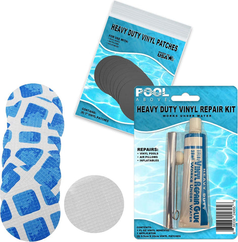 All-in-One Repair Kit for Above-Ground Pools | Fast, Underwater-Capable Peel-and-Stick OR Adhesive Glue-Down Vinyl Patches & for Easy Set and Frame Pools Blue Glue On