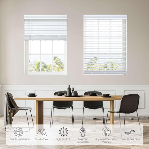 Linen Avenue Cordless 2" Faux Wood Blind White 58 1/2 W x 36 H, Flush Inside Mount (No Valance Side Pieces/Returns Included, Arrives ½ Inch Narrower)