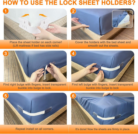 Bed Sheet Holders for Corners, 4Pcs Heavy Duty Fitted Sheet Holder with Lock Fastener Straps &Anti-Slip Pads Keep Sheets Firm&Tight, No More Loose Sheets, Easy Installation for Any Mattress (White)