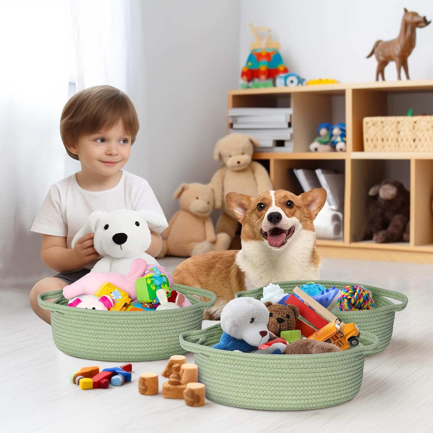 Small Baskets for Gifts Empty, 13"x 9"x 5" Woven Gift Basket with Bag and Ribbon, Cotton Rope Kids Dog Cat Toy Bin Box, Cute Baby Nursery Organizer, Decorative Storage with Handles, Green