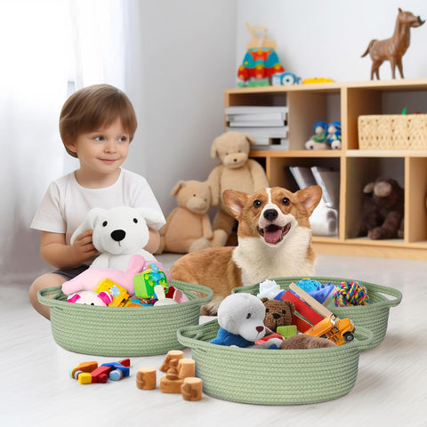 Small Baskets for Gifts Empty, 13"x 9"x 5" Woven Gift Basket with Bag and Ribbon, Cotton Rope Kids Dog Cat Toy Bin Box, Cute Baby Nursery Organizer, Decorative Storage with Handles, Green