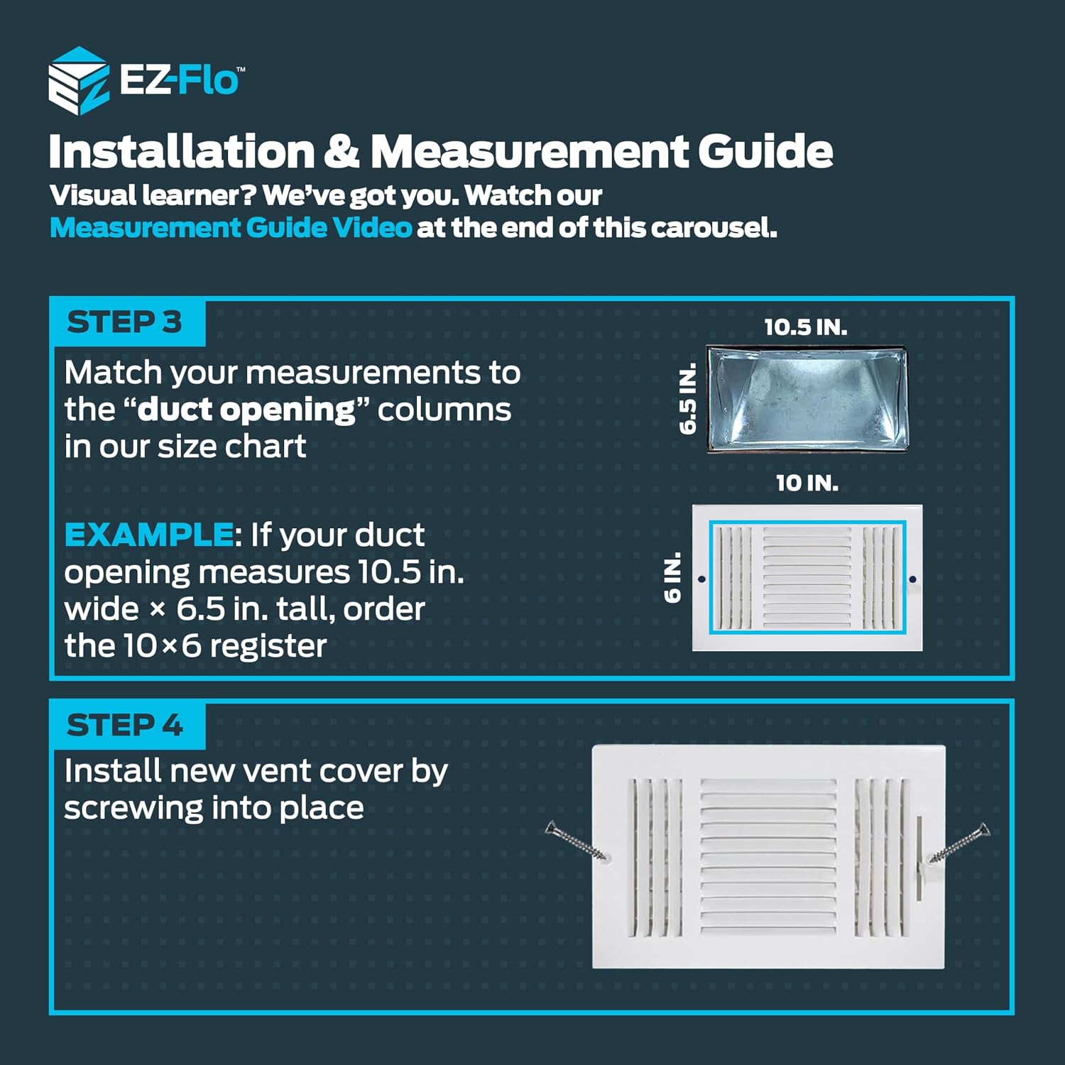 EZ-FLO 10 x 6 Inch (Duct Opening) Air Vent Cover for Wall or Ceiling, Three-Way Ventilation Register, Solid Steel HVAC Register Cover, White, 61614