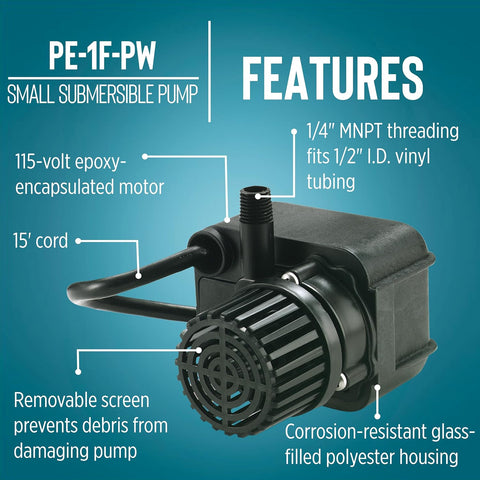 Little Giant PE-1F-PW 115 Volt, 1/125 HP, 170 GPH Submersible Direct Drive Fountain Pump with 15-Ft. Cord, Black, 566608