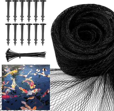 Pond Netting for Koi Ponds, 7 x 10ft Koi Pond Net Cover, Durable & Sturdy Pond Netting Cover for Leaves, Protect Koi Fish Against Herons, Raccoons, Cats & Predators, 12pcs Stakes Included