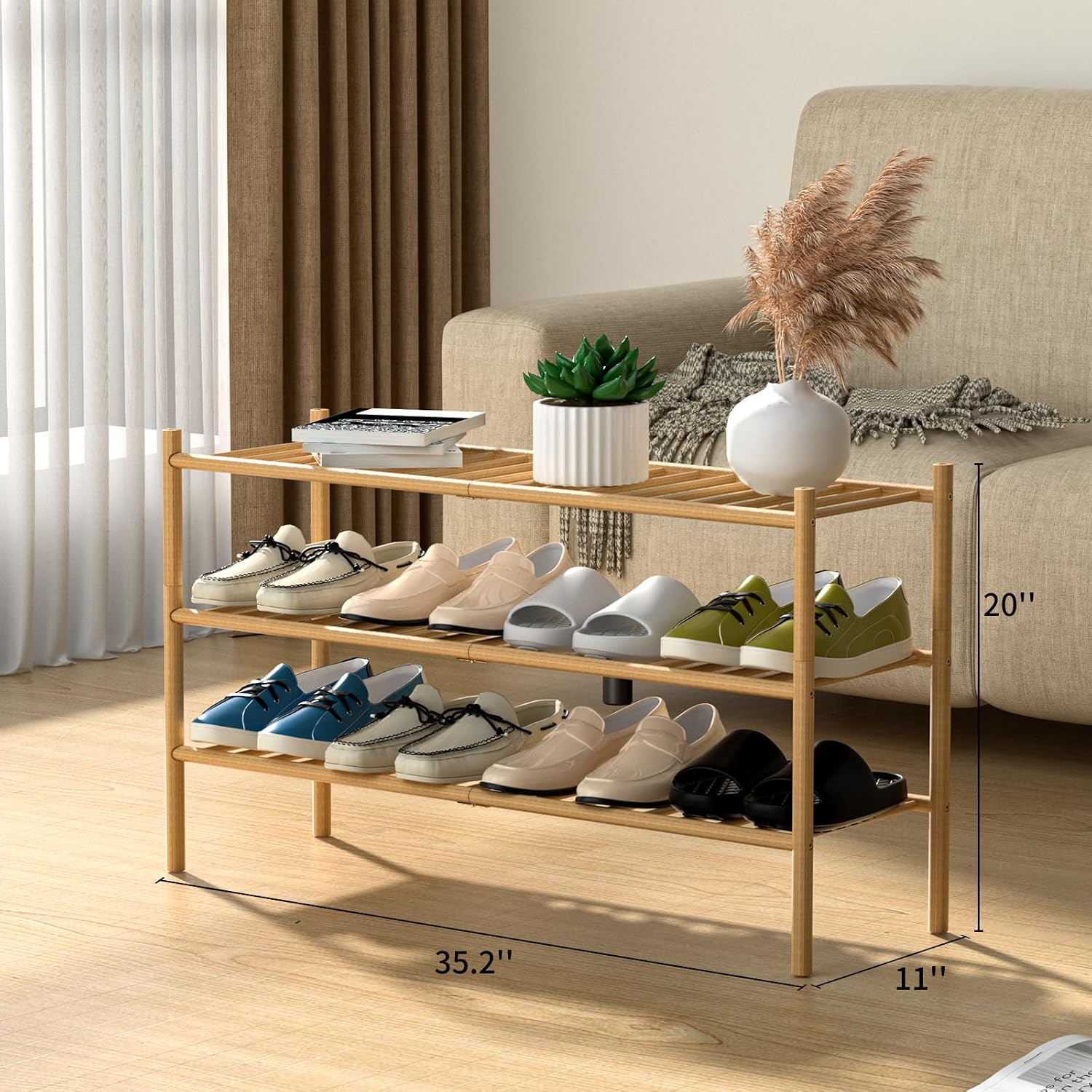 ROMGUAR CRAFT 3-Tier Bamboo Long Shoe Rack, Free Standing Wood Shoe Shelf Storage Organizer for Closet Entryway Stackable 35"x11"x20" (Natural)