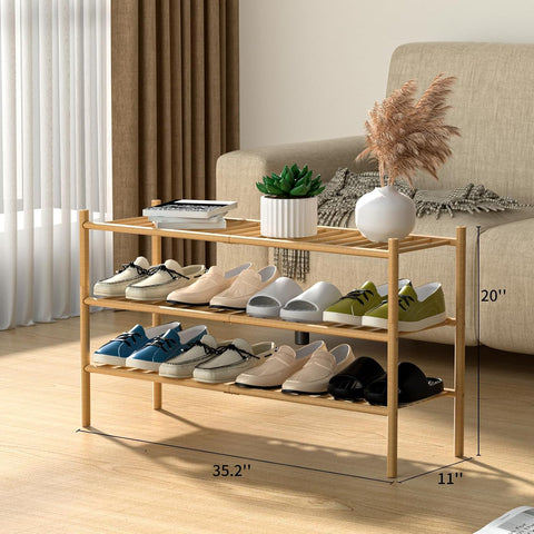 ROMGUAR CRAFT 3-Tier Bamboo Long Shoe Rack, Free Standing Wood Shoe Shelf Storage Organizer for Closet Entryway Stackable 35"x11"x20" (Natural)