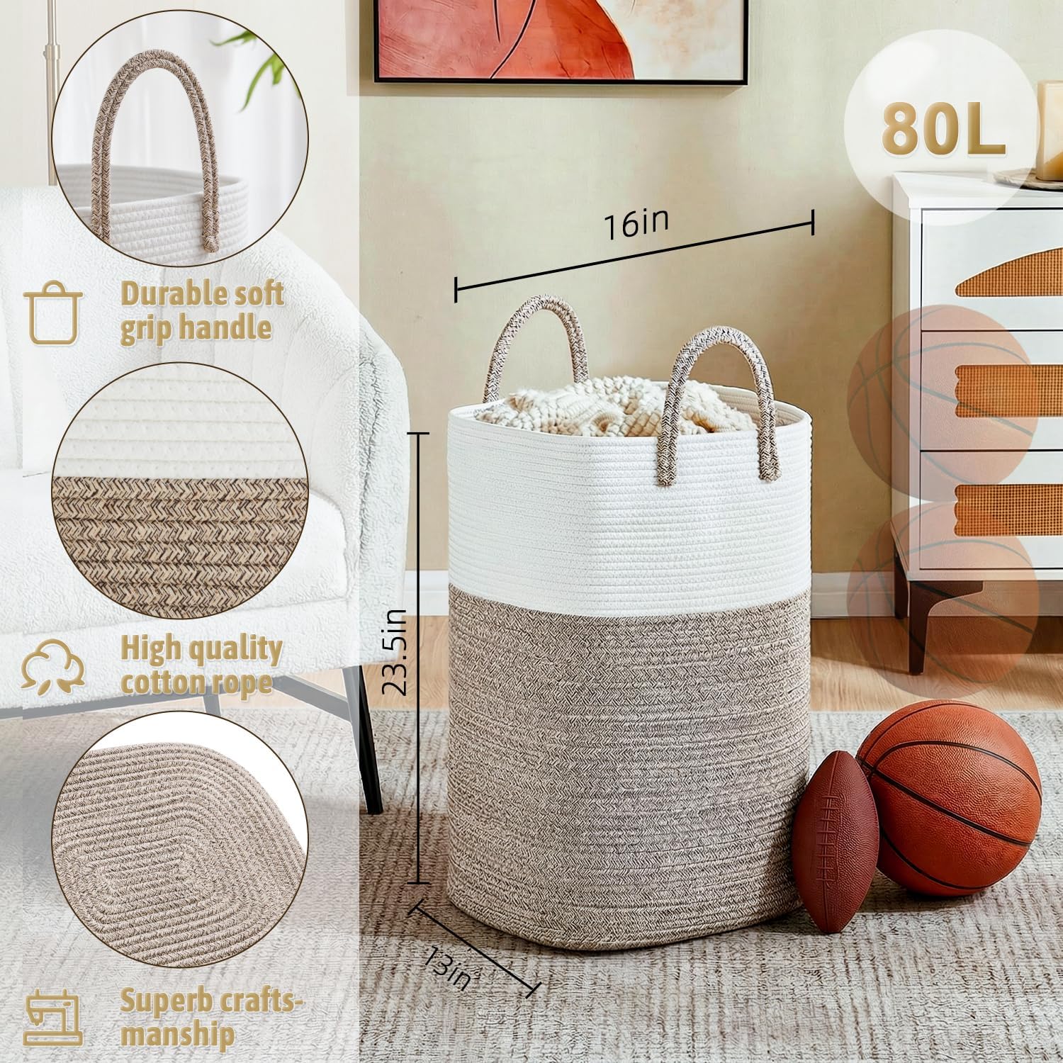 Artfeel Laundry Basket,Woven Cotton Rope Laundry Hamper,60L Versatile Storage for Dirty Clothes,Baby Toys,and Blankets in Bathroom, Nursery,and Living Room