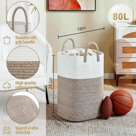 Artfeel Laundry Basket,Woven Cotton Rope Laundry Hamper,60L Versatile Storage for Dirty Clothes,Baby Toys,and Blankets in Bathroom, Nursery,and Living Room