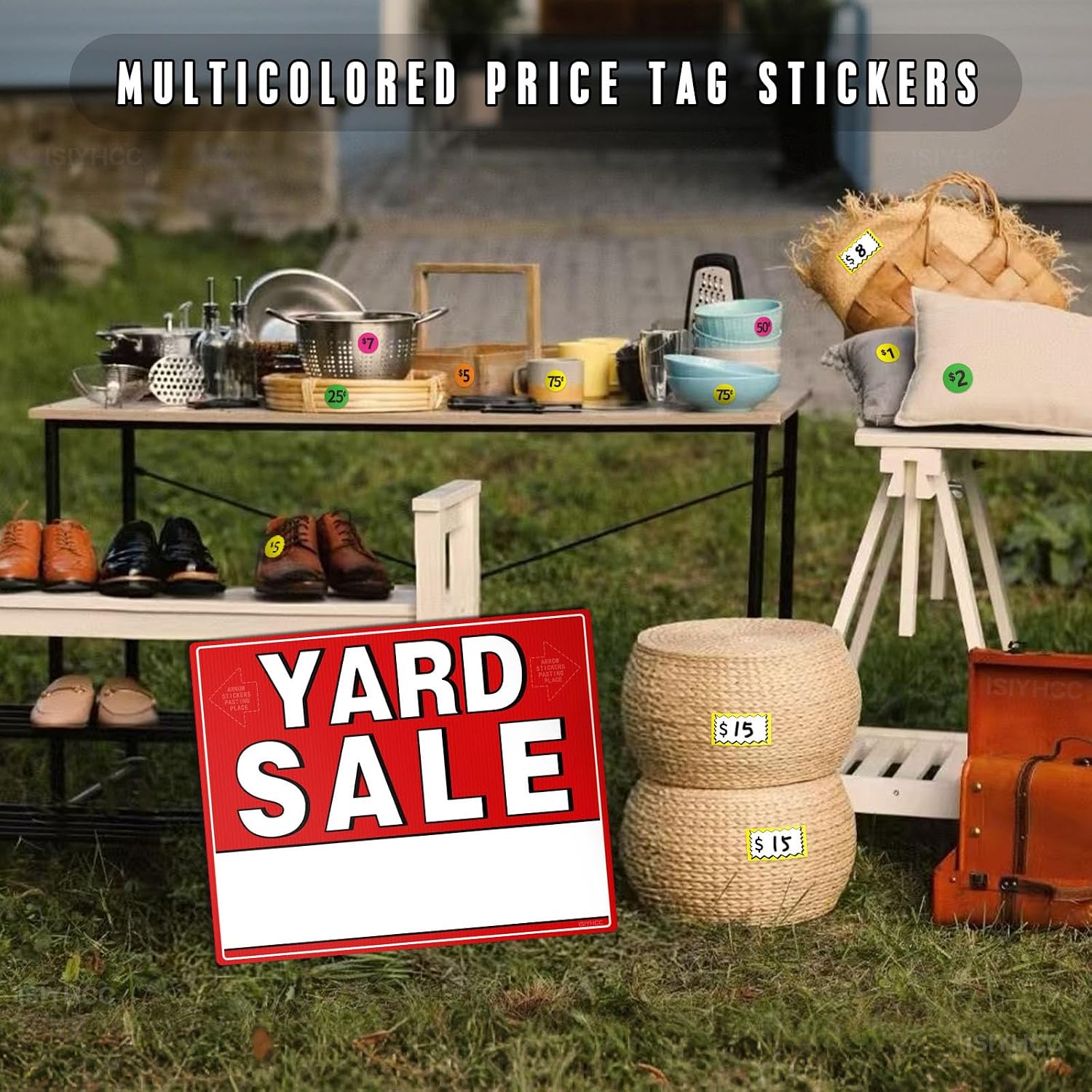Yard Sale Signs Kit with Price Stickers (8 Pack), 3 Pcs Yard Sale Signs with Stakes, 5 Pcs Garage Sales Price Stickers, Directional Arrows Sign, Garage Sales Supplies, Large Prices Tags, Double Sided