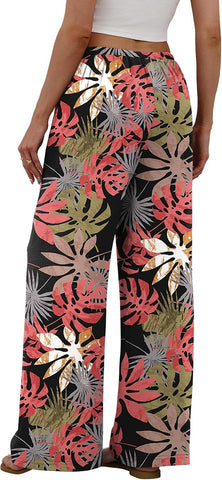 Sampeel Wide Leg Pants for Women Flowy Palazzo Drawstring Elastic Waist Trousers with Pockets Summer Beach Vacation Clothes