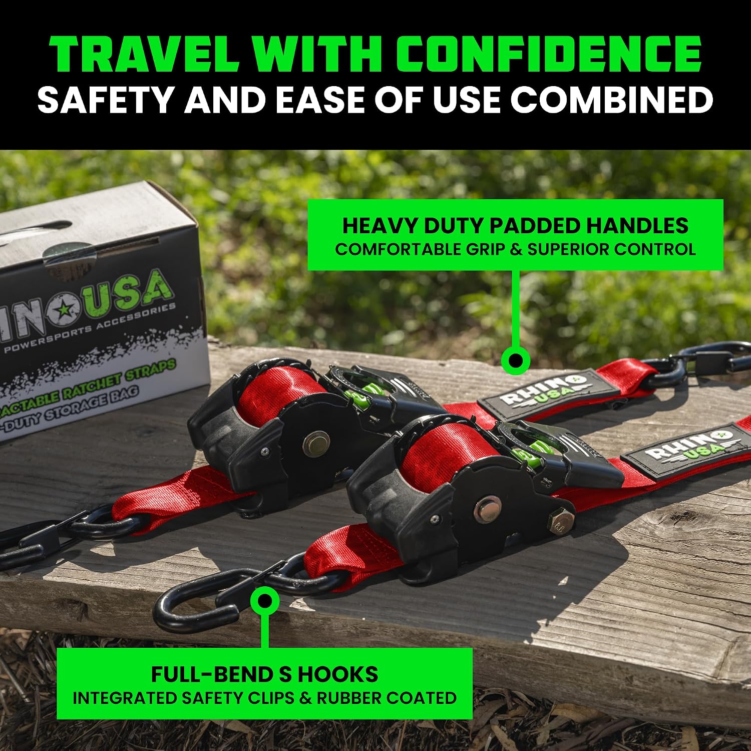Rhino USA Retractable Ratchet Straps (2-Pack) - 2in x 10ft, 3,033lb, Red