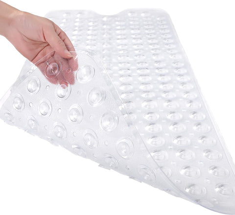 TEESHLY Bathtub Mats for Shower Tub, Extra Long Non-Slip 39 x 16 Inch Bath Mat with Drain Holes and Suction Cups, BathMat for Bathroom with Machine Washable (Clear)