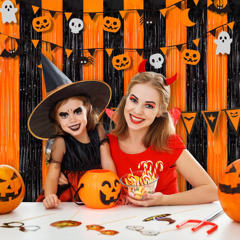 Black Orange Tinsel Backdrop Foil Fringe Curtains, 2 Pack Party Decor