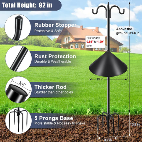 Gtongoko 92 Inch Double Hook Bird Feeder Pole with 19 Inch Squirrel Baffle