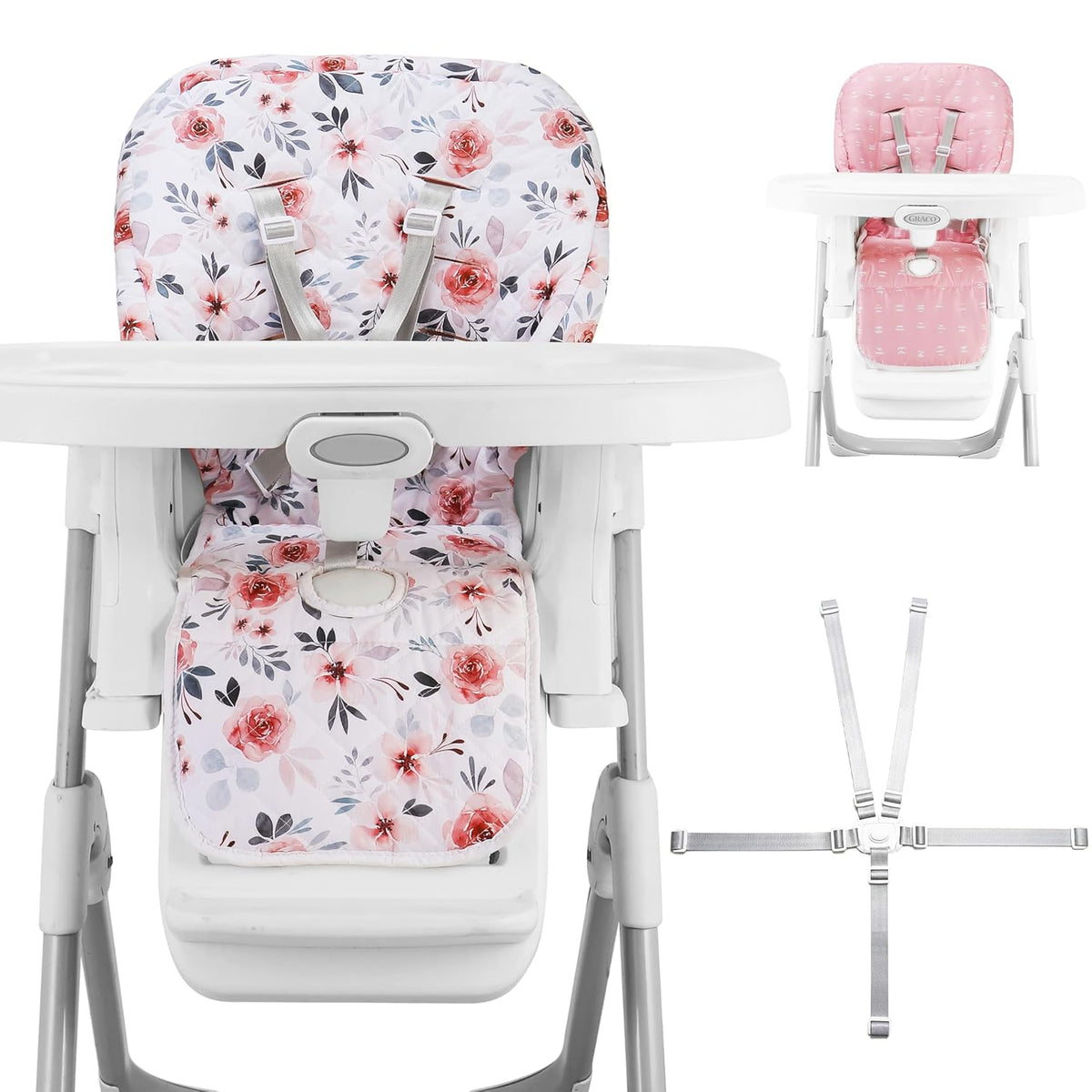 Baby High Chair Cover Replacement, Reversible & Waterproof High Chair Cushion Pad Home & Restaurant use, Includes 5-Point Harness Strap, Chair Not Included - Pink