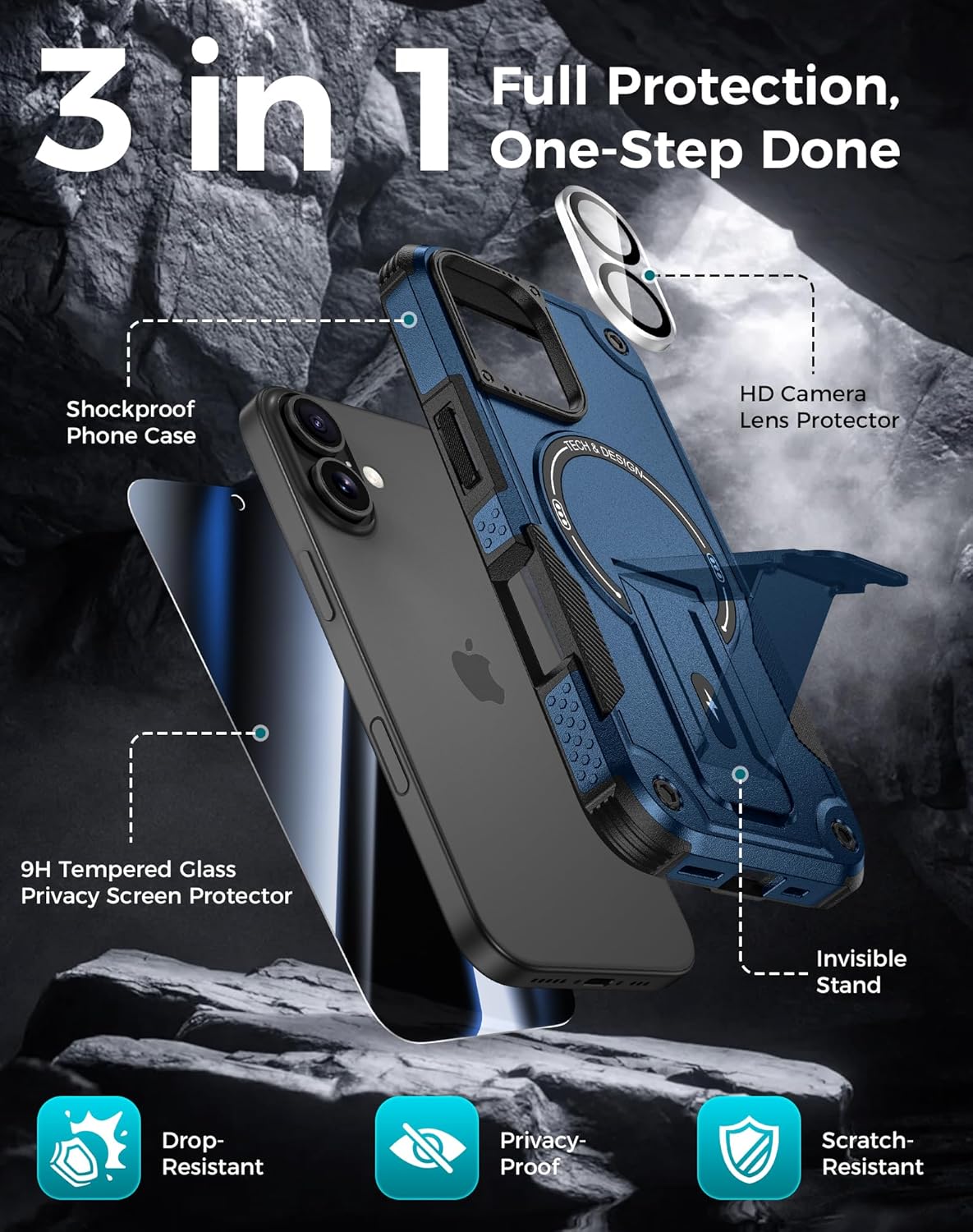 Goton 3 in 1 for iPhone 16 Case with Privacy Screen Protector Blue