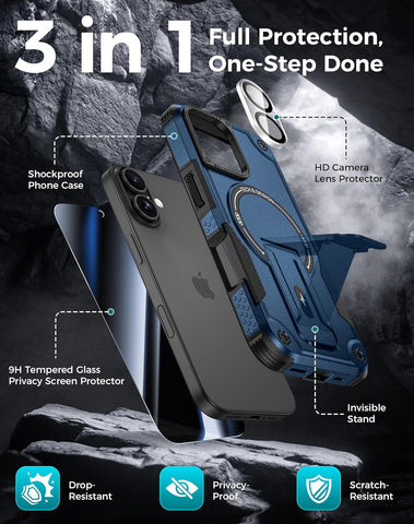 Goton 3 in 1 for iPhone 16 Case with Privacy Screen Protector Blue