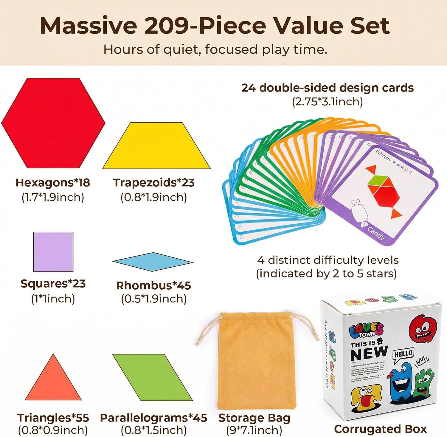 LovesTown 209 PCS Shapes Wooden Pattern Blocks for Kids